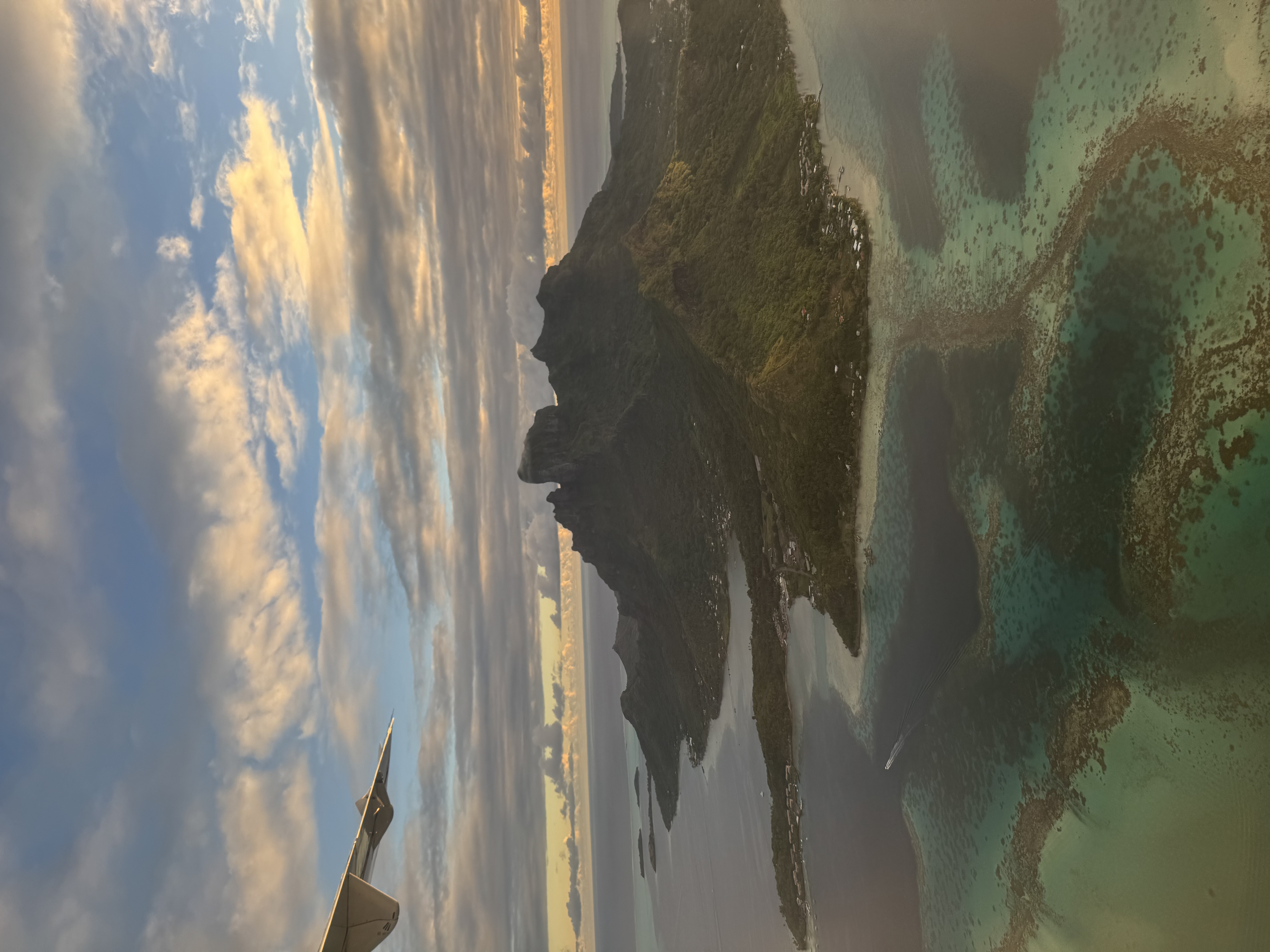 Aerial view of Bora Bora and its lagoon at dusk